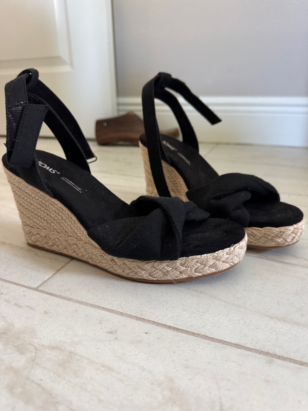 Toms Black Espadrille Knot Front Wedge Sandals with Ankle Wrap
